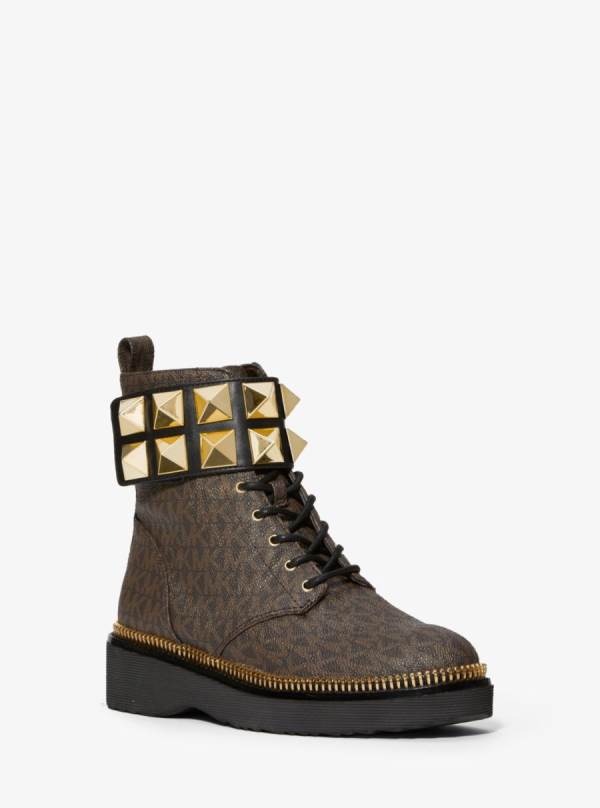 Damske Bojové topánky Michael Kors Haskell Studded Leather and Logo Hnede - Topanky Michael Kors Slevy | JBKMF-1023